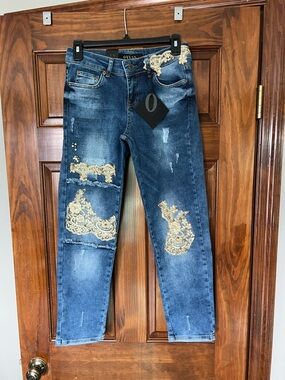 Olyss Embellished Blue Denim Jeans with Gold Lace Accent 25 inseam